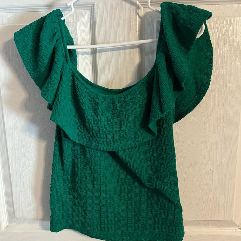 Anthropologie Emerald Green Ruffle Off-Shoulder Top